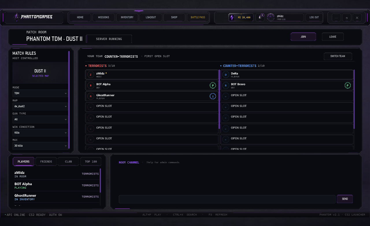 Phantom launcher active TDM room with Terrorist and Counter-Terrorist player slots